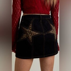 Leopard Print Star Back Denim Mini Skirt - Le Lis